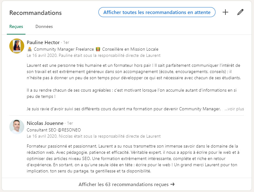 recommandations LinkedIn